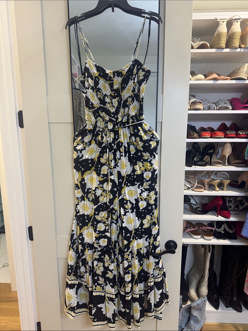 Free People Black Floral Smocked Jumpsuit with Yellow & White Flowers